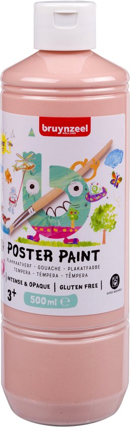 Fles roze-beige plakkaatverf van Bruynzeel, 500ml, met "Poster Paint" tekst en vrolijke illustraties.