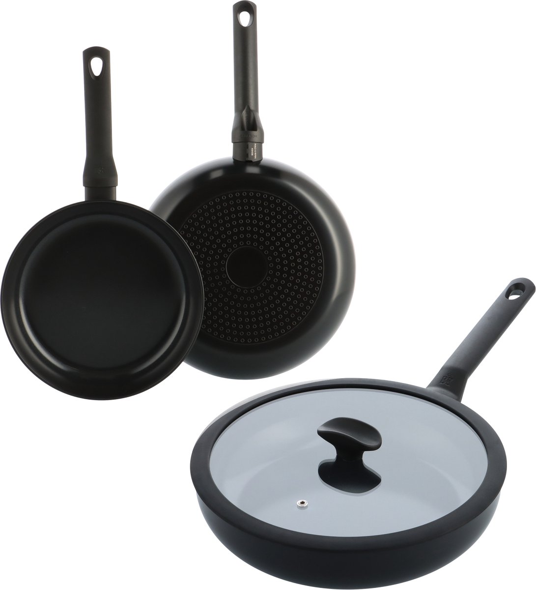 BK Enjoy Pannenset 3-delig - 24/28cm koekenpan - Hapjespan met deksel - PFAS-vrije antikleeflaag – Pannenset inductie – Keramische pan - Ovenbestendig tot 160°C - Hapjespan 28cm met deksel – Koudgrepen - Met glazen deksel - Zwart