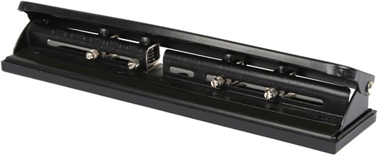 Zwarte perforator met twee instelbare ponsen en metalen behuizing.