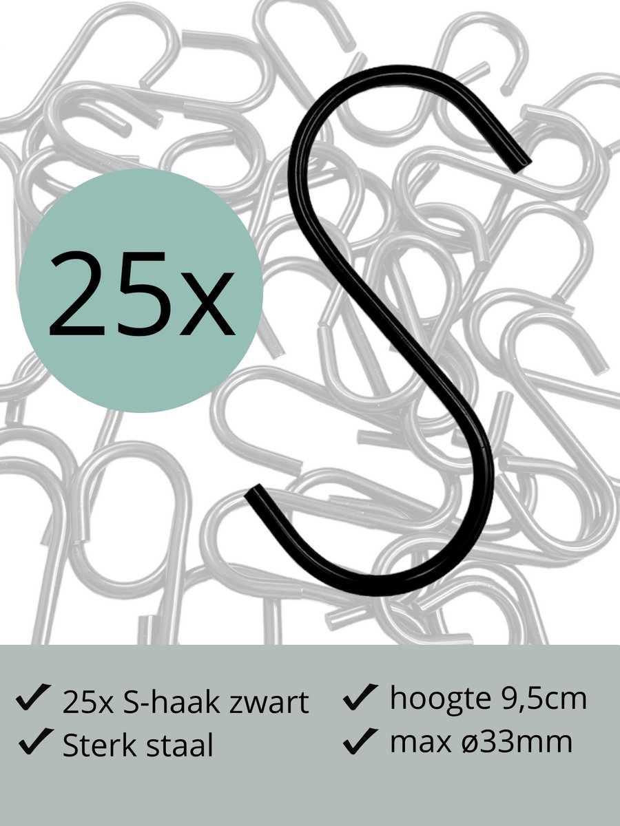 Leathergoodz - 25x S-haakjes Zwart - 9,5cm/groot - ø33mm - s-haakjes - ophanghaken - handdoekhaakje - S-haken