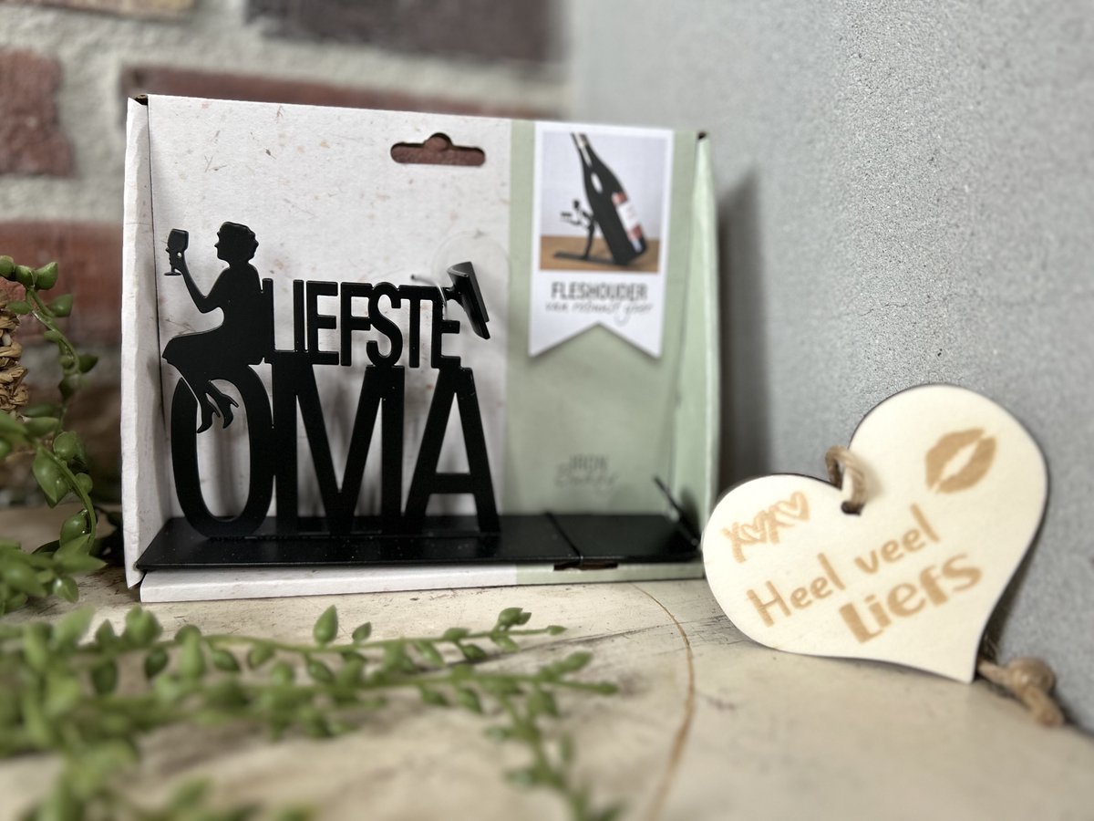 Creaties van Hier - Fleshouder met houten hartje - Wijn - Oma - 17,2x4,4x13,5 cm