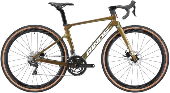 Kameleon gouden Rinos gravelbike met bruine banden en schijfremmen.