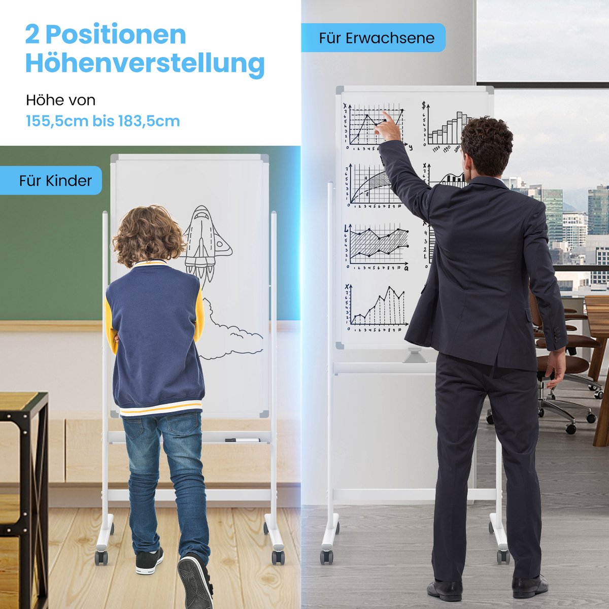 COSTWAY Dubbelzijdig mobiel whiteboard, 60 x 100 cm, in hoogte verstelbaar magnetisch whiteboard met wieltjes, standaard en pennenbakje, incl. accessoires voor school, kantoor, thuis (wit) thumbnail 5