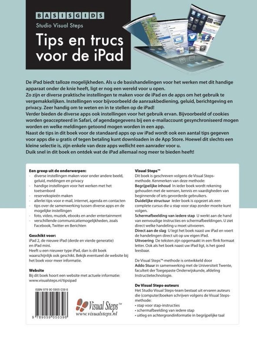 Boekomslag 'Basisgids Studio Visual Steps' met tips en trucs voor de iPad. Bevat tekst en een kleurenafbeelding van een iPad met apps.