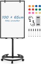 COSTWAY Flipchart standaard, 100 x 65 cm, mobiel whiteboard op wieltjes, in hoogte verstelbaar tot 192 cm, droog afwasbaar, magnetisch, flipchart met ronde standaard, magneten, markers en gum
