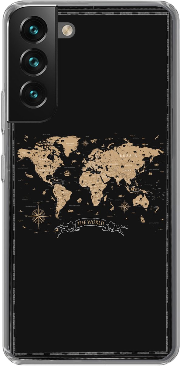 Telefoonhoesje Geschikt voor Samsung Galaxy S22 hoesje - Wereldkaart - Beige - Zwart - Siliconen Telefoonhoesje Telefoonhoesje