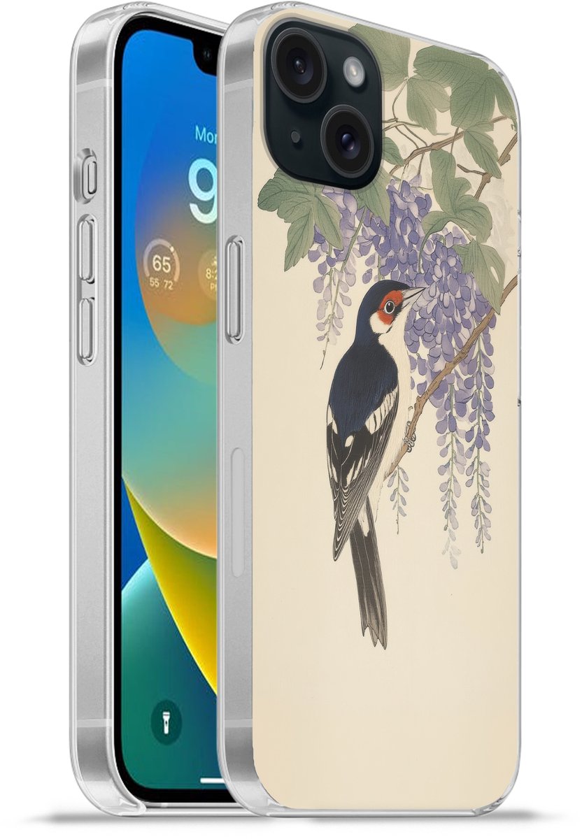 Telefoonhoesje Geschikt voor iPhone 15 Plus hoesje - Specht - Bloemen - Paars - Siliconen Telefoonhoesje Telefoonhoesje
