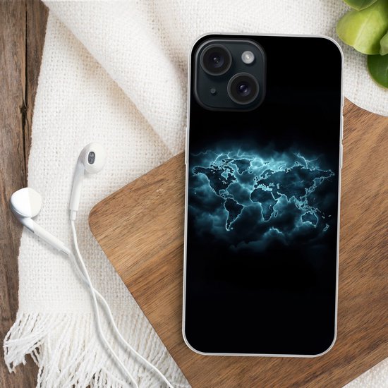 Telefoonhoesje Geschikt voor iPhone 15 hoesje - Wereldkaart - Bliksem - Blauw - Siliconen Telefoonhoesje Telefoonhoesje