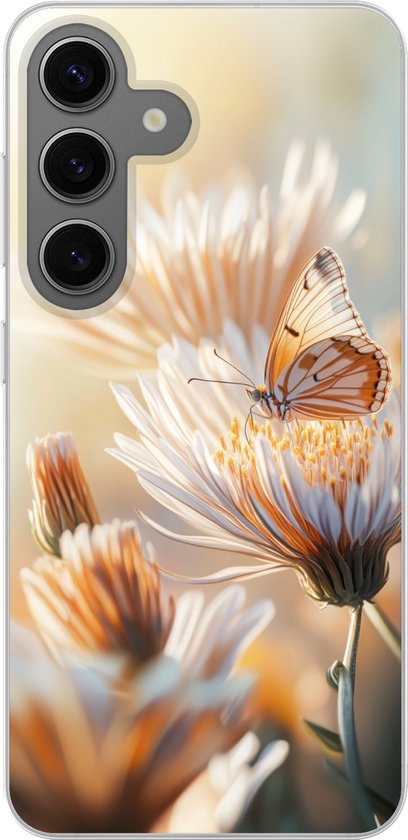 Coque Samsung Galaxy S24 - Papillon - Bloem - Oranje - Coque en Siliconen