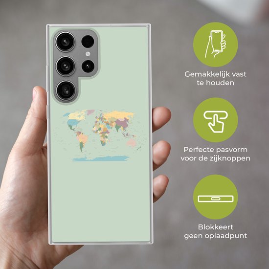 Telefoonhoesje Geschikt voor Samsung Galaxy S23 Ultra hoesje - Wereldkaart - Realistisch - Kaart - Siliconen Telefoonhoesje Telefoonhoesje