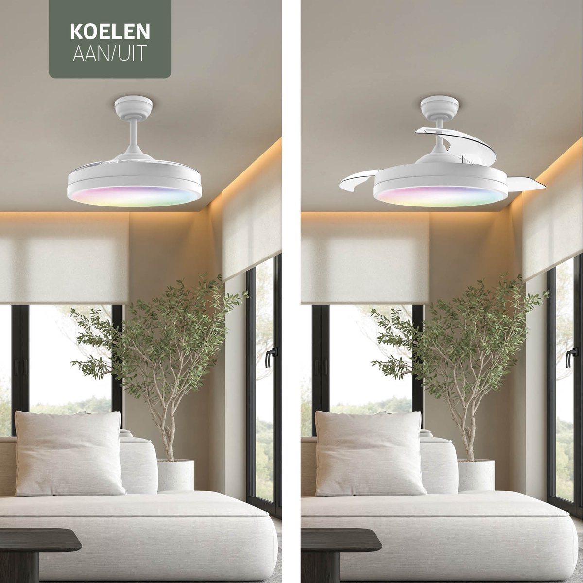 Varin® Smart Plafondventilator met verlichting - Wit - Tuya Wifi - LED 36W RGBW - Ø 50cm/108cm - Super stil - Smart lamp - Plafondlamp slaapkamer - Plafonniere woonkamer - Plafondlampen - Plafond lamp - Verlichting kinderkamer - Ventilator thumbnail 7