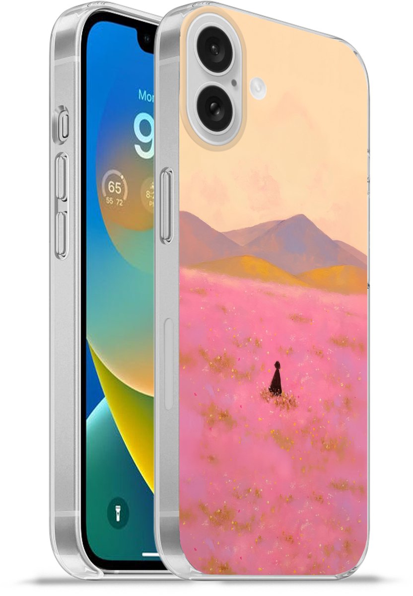 Telefoonhoesje Geschikt voor Apple Iphone 16 Plus hoesje - Bloemenweide - Heuvels - Silhouet - Roze - Siliconen Telefoonhoesje Telefoonhoesje