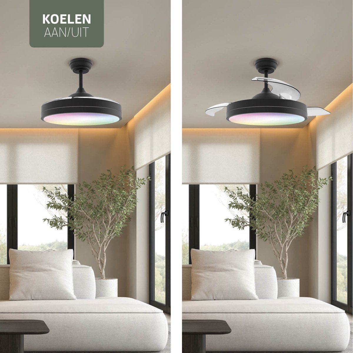 Varin® Smart Plafondventilator met verlichting - Zwart - Tuya Wifi - LED 36W RGBW - Ø 50cm/108cm - Super stil - Smart lamp - Plafondlamp slaapkamer - Plafonniere woonkamer - Plafondlampen - Plafond lamp - Verlichting kinderkamer - Ventilator thumbnail 6