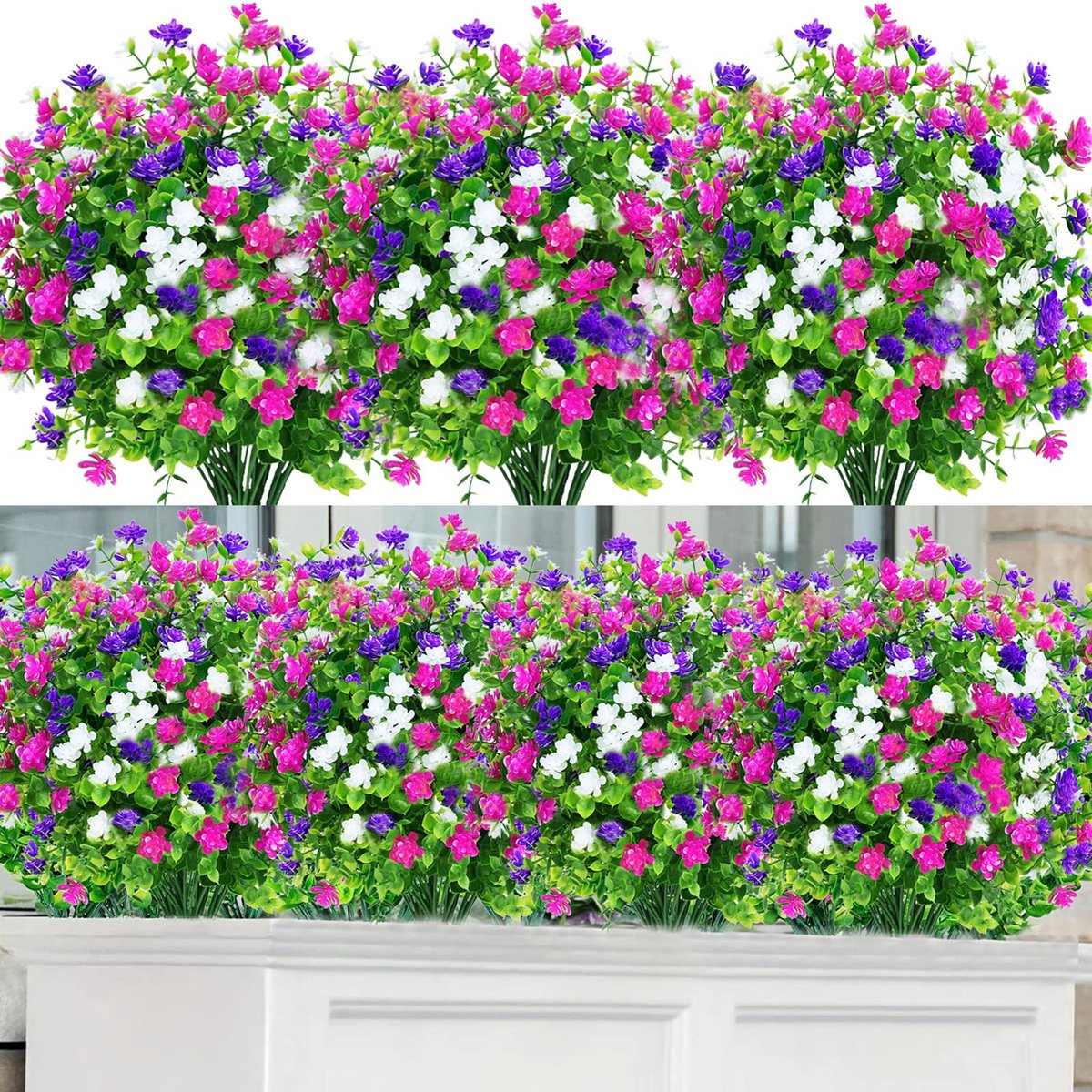 Ibenzoa Kunstmatige Bloemenbundel voor Binnen- en Buitendecoratie in Drie Kleuren, UV-bestendig en Onderhoudsvrij Wit, paars, magenta