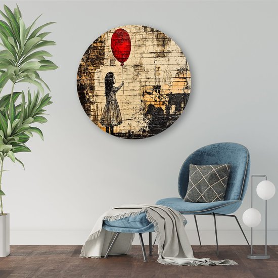 Meisje met rode ballon - Ballon muurdecoratie rond - Ronde wandprint kind - Street Art - Aluminium muurdecoratie rond - Schilderijen landelijke sfeer - muurcirkel aluminium 90x90 cm
