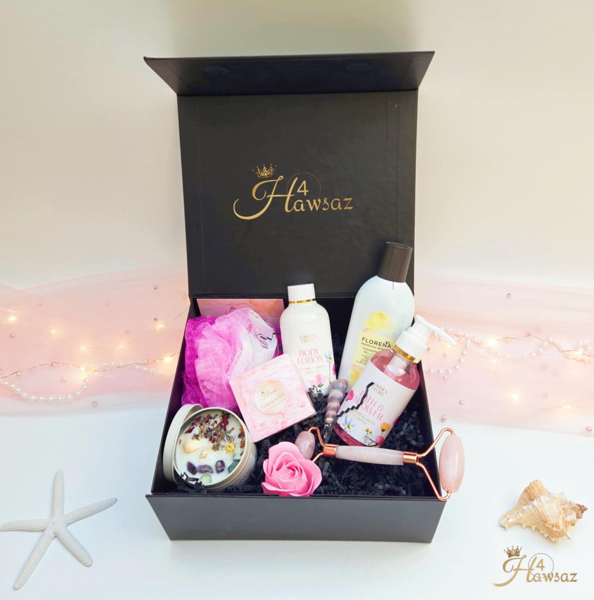 Bad- en bodycadeau 8 stuks - Bodylotion - Luxe dames cadeau - Hawsaz.nl kado - Geur kaars Giftsbox - Gezicht verzorging - Cadeauset - Dames cadeau - Relax Cadeau - Verwenpakket - Valentijnscadeau - Geschenkset Jasmijn - Edelsteen Kaars