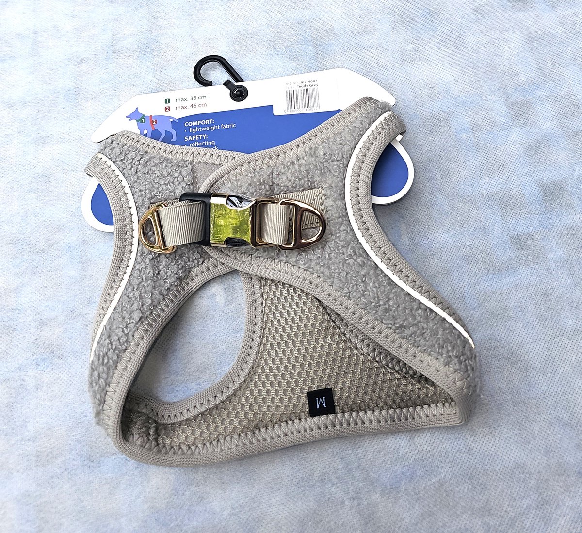 animal boulevard honden en kattentuigje mesh / plush S - 4-7 kg reflecterend - teddy grey- dubbele sluiting - nek max 34cm - borst max 44 cm
