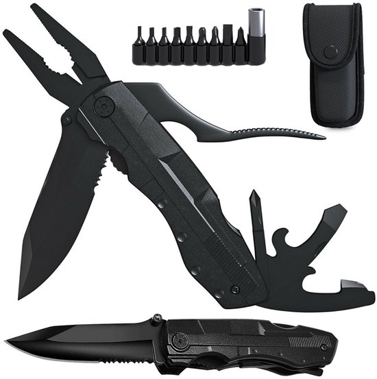SIEPS Multitool Zakmes - 14-in-1 - Kampeer Zakmessen - Met Draagetui - Knife - Bitset - Zwart RVS