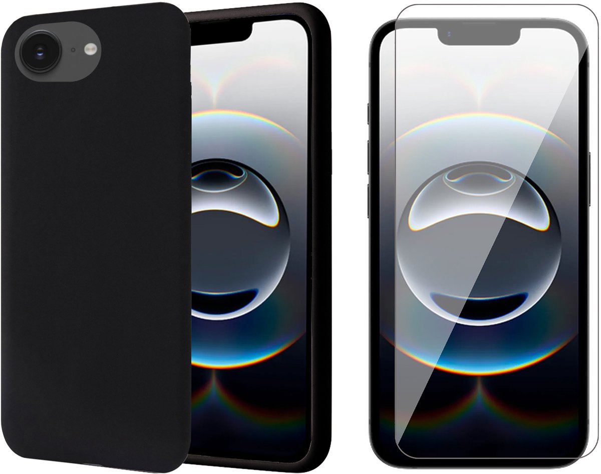 Hoesje geschikt voor iPhone 16e - Screenprotector Glas - Mat Back Case Zwart