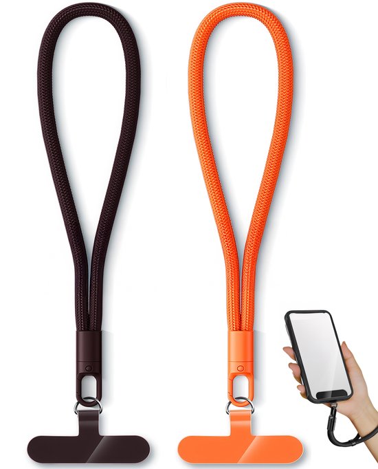 Foto: 2 stuks luxe telefoonkoord pols met 2 bevestigingsplaatjes kort universeel gsm lanyard keycord strap polsbandje sleutelkoord telefoonketting telefoon koord sleutelhanger keykoord pashouder phone ketting cord zwart oranje