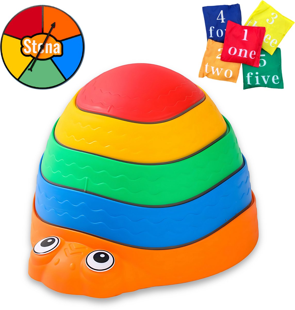 Stena Stapstenen (Lieveheersbeestje) + Zandzakjes + Kleurenrad - Stapelstenen - Rivierstenen - Voor Kinderen - Stepping Stones - Balansstenen - Balansspeelgoed - Heuveltoppen - Educatief/Montessori Speelgoed - Evenwicht