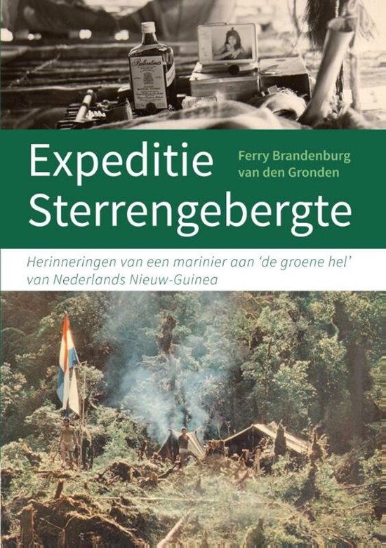 Boekomslag "Expeditie Sterrengebergte" met bovenaan een fles Ballantine's en onderaan een tentenkamp in het bos.