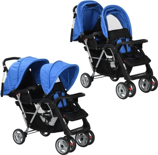 vidaXL - Kinderwagen - dubbel - staal - blauw - en - zwart van Vidaxl — afbeelding 3