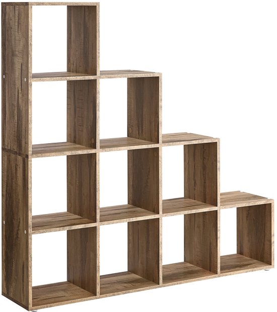 Bruinsma INEX open boekenkast met 10 vakken, trapezoïde vorm, houtlook.