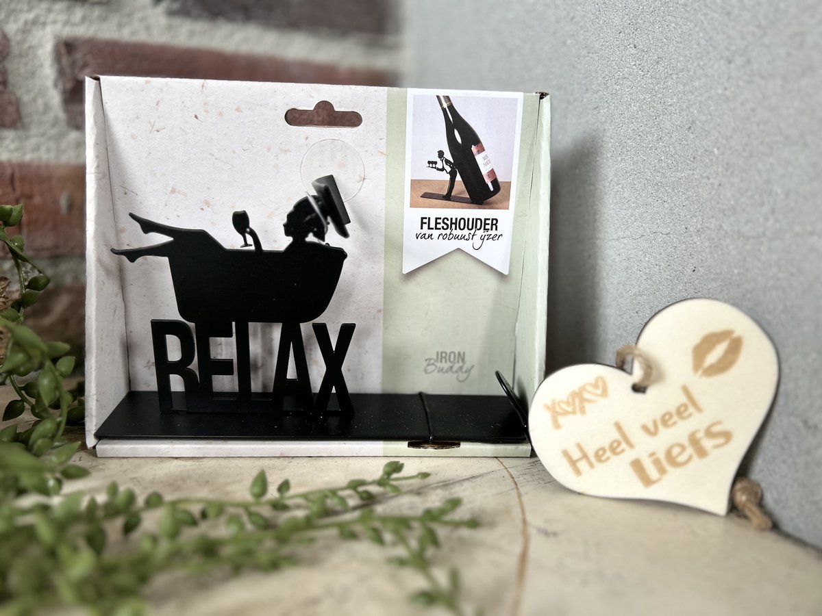Creaties van Hier - Fleshouder met houten hartje - Wijn - Relax - Moederdag - 17,2x4,4x13,5 cm