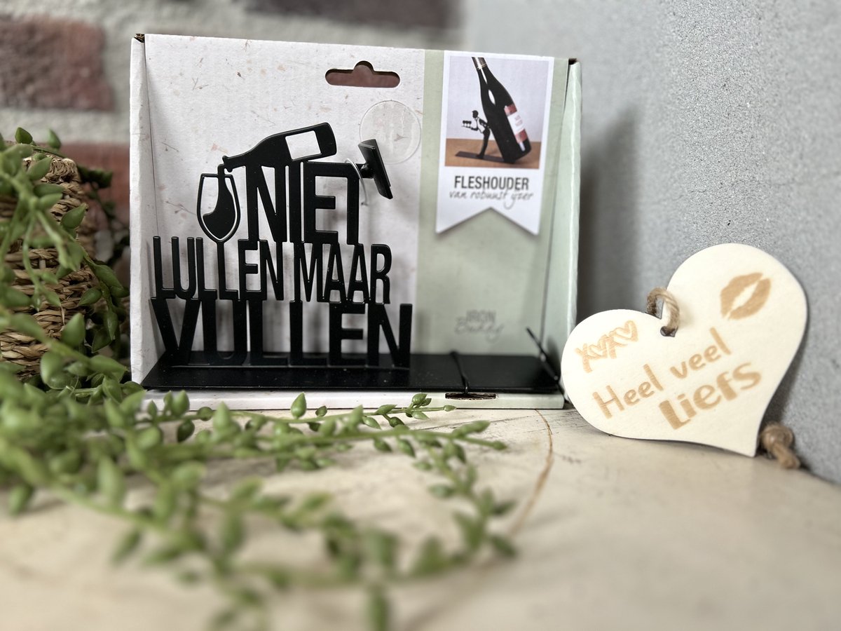 Creaties van Hier - Fleshouder met houten hartje - Wijn - Niet lullen maar vullen - Vaderdag - 17,2x4,4x13,5 cm