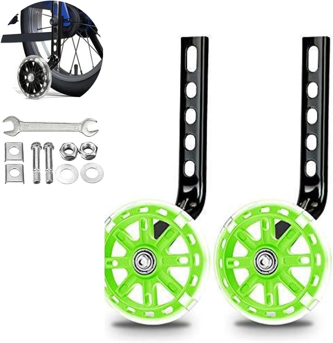 1 paar - Zijwieltjes voor kinderen - Fiets zijwieltjes - Past op 12-20 inch universele beugel - Universele fietsbeugel - groen - Knipperende wielen - Voor kinderfietsen met één versnelling