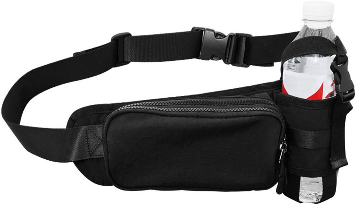 KZQ Heuptas met flessenhouder - Wandelheuptas met flessenhouder - Outdoortas met drinkfles-waterfleshouder - Multifunctionele heupband - Verstelbaar - Geschikt voor wandelen, hondenuitlaten, buitenactiviteiten - Zwart