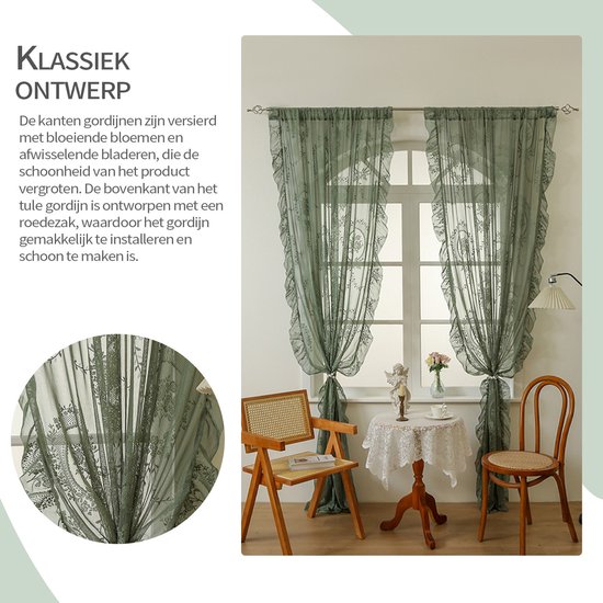 REFTTENW Set de 2 Rideaux Boho brodés en dentelle avec Rideaux Rebords, Rideaux transparents pour Cuisine, salon, couloir, style maison de campagne, vert sauge