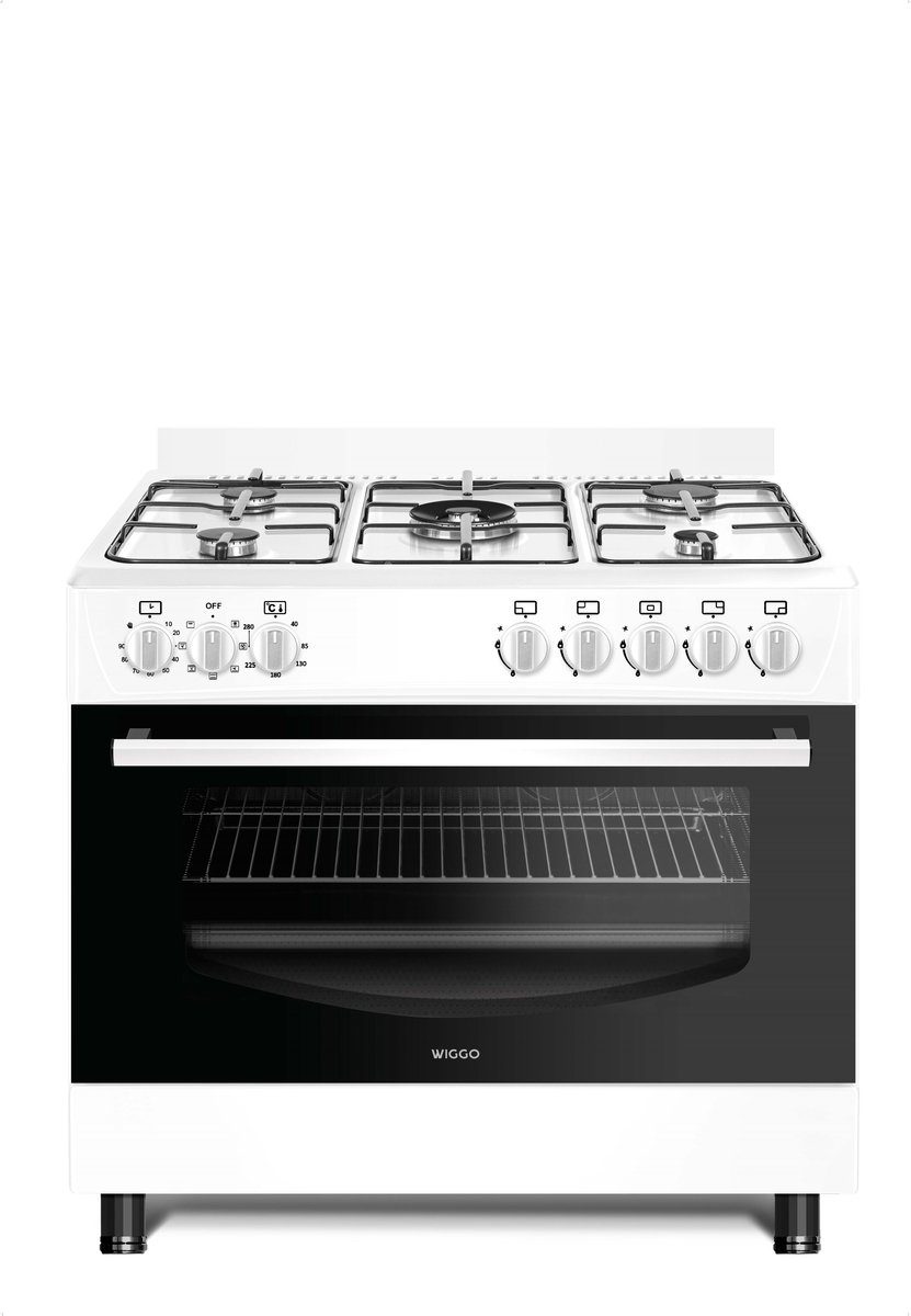 Bol.com Wiggo WO-E903B(WW) - Gasfornuis - 5 Kookzones - 5 Ovenstanden - Wokbrander - Timer - 5 Jaar Garantie - Wit aanbieding