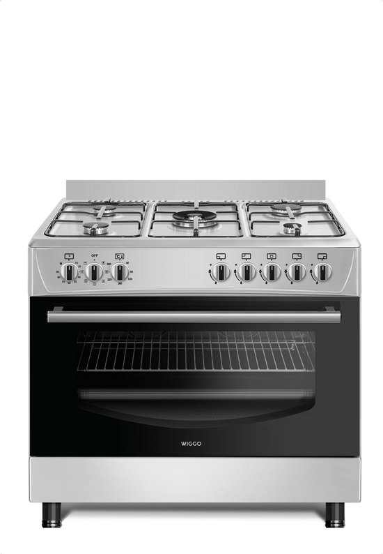 Wiggo WO-E903B(XX) - Gasfornuis - 5 Kookzones - 5 Ovenstanden - Wokbrander - Timer - 5 Jaar Garantie - Roestvrijstaal