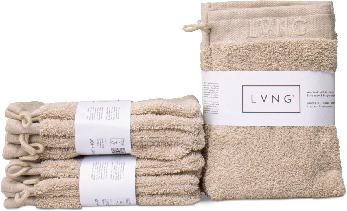 LVNG Washandjes – Set van 12 – 100% Biologisch Katoen – Hotelkwaliteit – GOTS-gecertificeerd – Beige