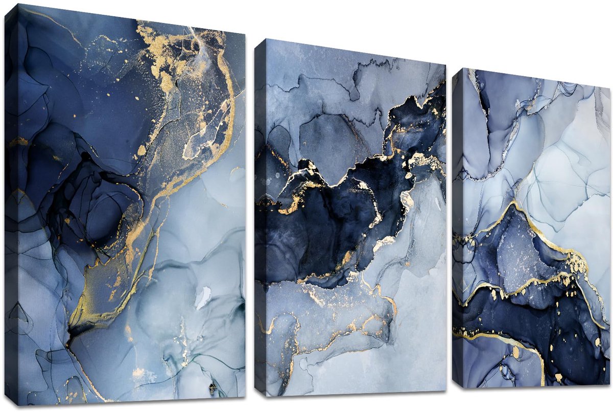 Ibenzoa Drie Stuks Abstracte Marmer Kunstwerken op Canvas voor Moderne Woonkamer Decoratie blauw