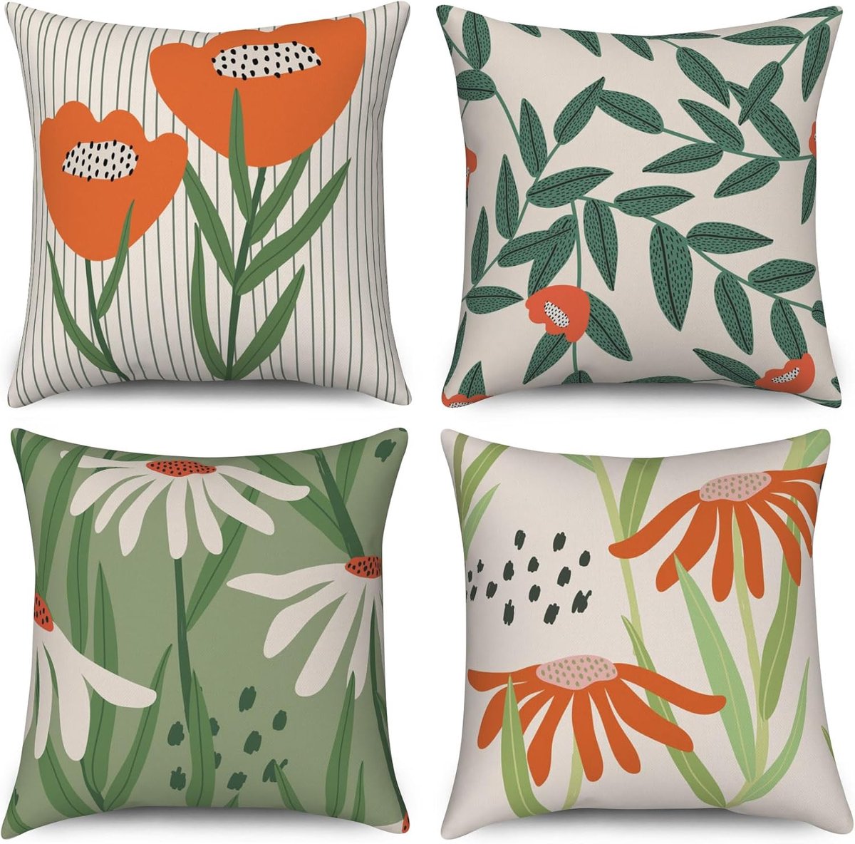 Ibenzoa Set van 4 Vlas Kussenhoezen 40x40 cm Boho Stijl Oranje Bloemen Beige Groen Outdoor Decor retro bloemen 8