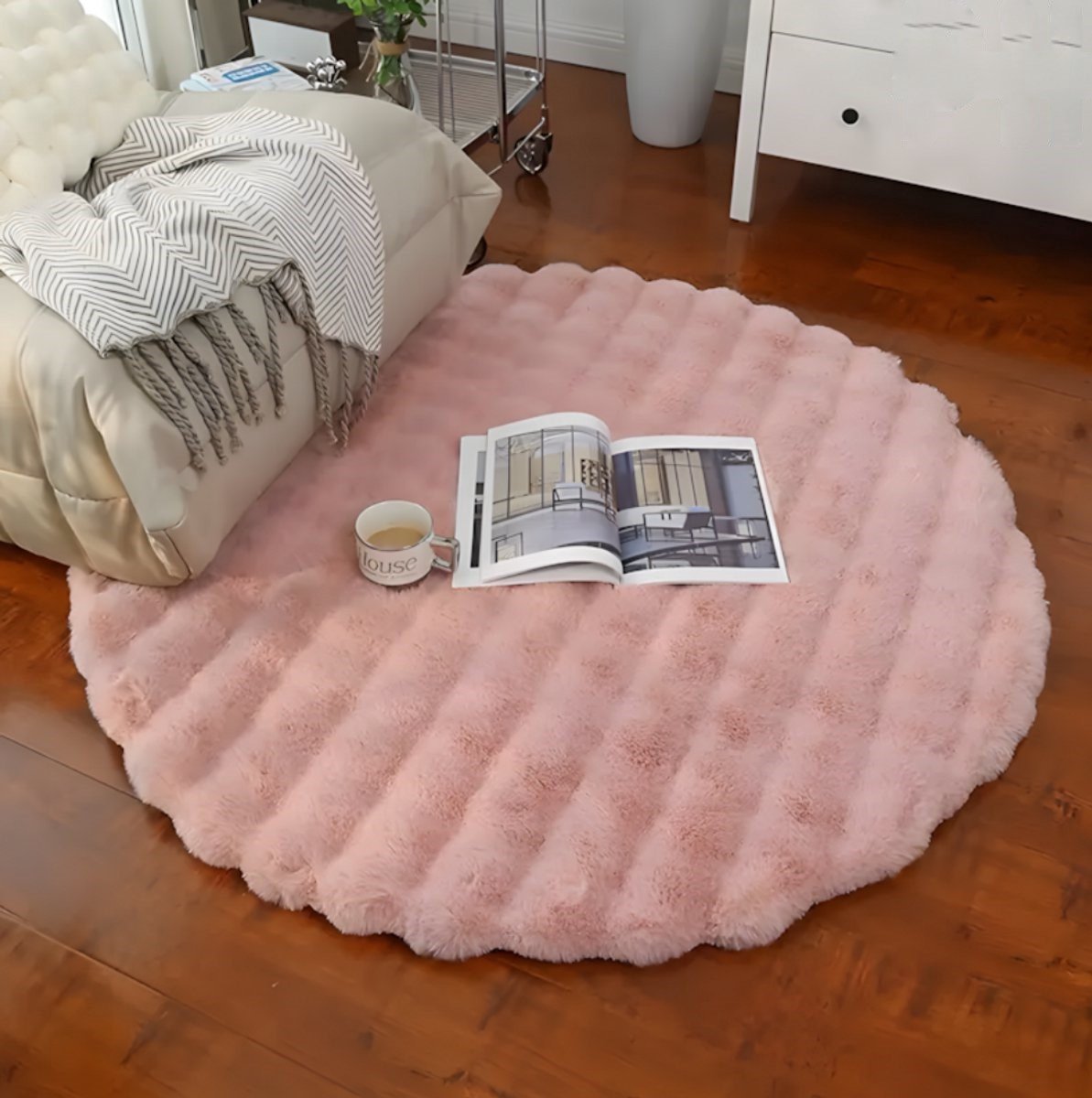 PolkaHome® Cirkel Rond Vloerkleed Ø90 cm - Superzacht Modern Vloerkleed - Hoogpolig Fluffy Tapijt - Antislip Carpet voor Woonkamer, Kinderkamer & Slaapkamer (roze)