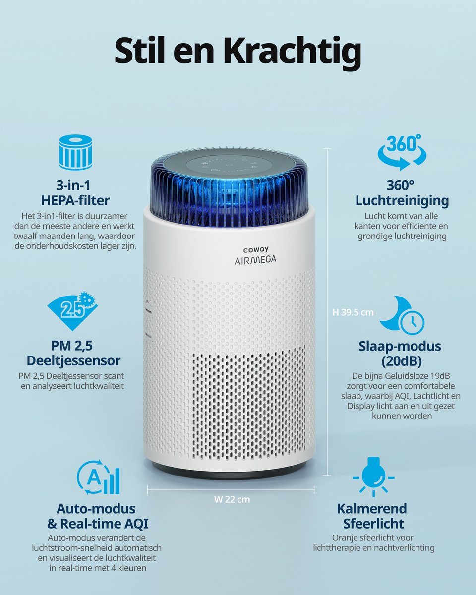 Coway Airmega 100 Luchtreiniger - Air Purifier - 244 m³/u - HEPA filter + koolstoffilter - Verwijdert tot 99,97% van fijne en ultrafijne deeltjes - Tegen stof, pollen en allergenen - Fluisterstil (20 dB) - ECARF gecertificeerd — afbeelding 4