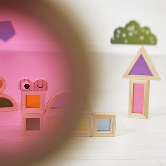Janod Sensorisch - Doorschijnende Blokkenset - Bestaat uit 12 Geometrische Blokken Met Transparante Stukken In Het Midden - Inclusief 6 Modelkaarten Voor Het Maken Van De Leukste Personages En dieren - Educatief Speelgoed - Geschikt Vanaf 1 Jaar van Janod — afbeelding 3