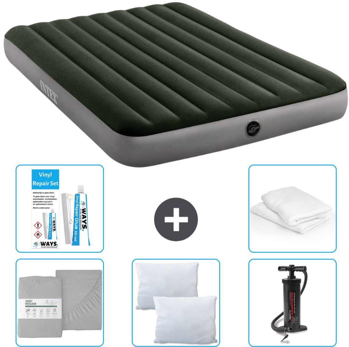 Intex Luchtbed - 2-Persoons - 152 x 203 x 25 cm - Groen - Inclusief Hoeslaken - Kussen - Pomp - Reparatieset en Kussenbeschermer