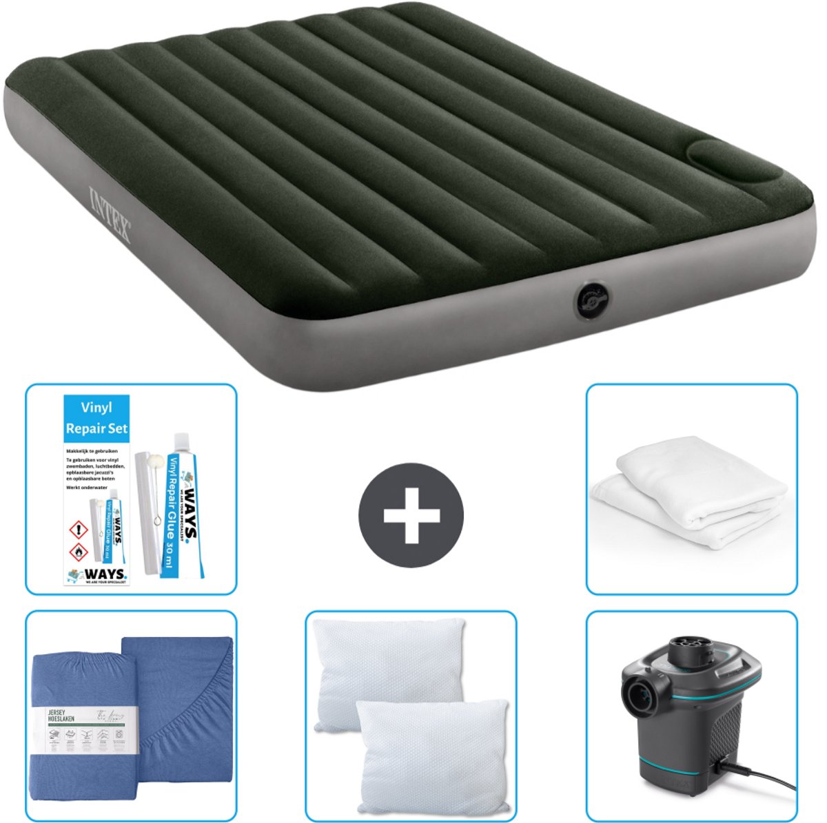 Intex Luchtbed - 2-Persoons - 152 x 203 x 25 cm - Groen - Inclusief Hoeslaken - Kussen - Pomp - Reparatieset en Kussenbeschermer