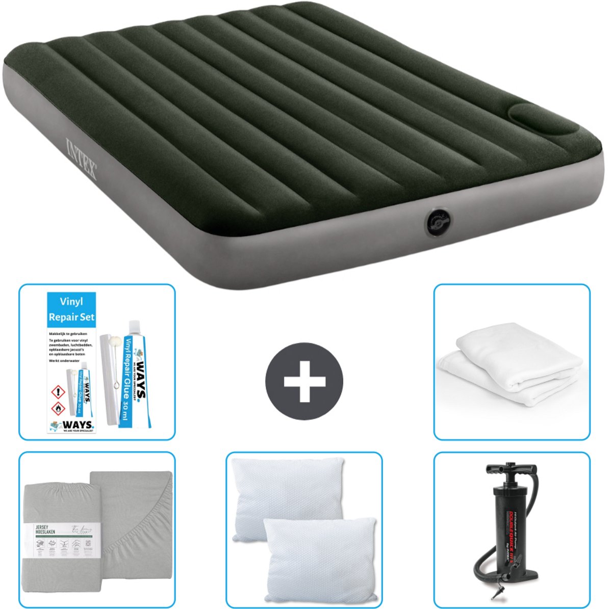 Intex Luchtbed - 2-Persoons - 152 x 203 x 25 cm - Groen - Inclusief Hoeslaken - Kussen - Pomp - Reparatieset en Kussenbeschermer