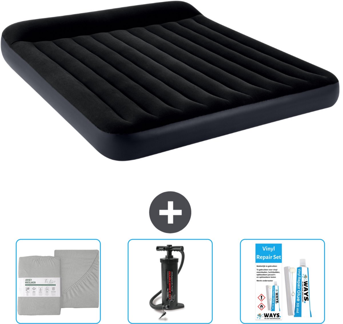 Intex Luchtbed - 2-Persoons - 183 x 203 x 25 cm - Donkerblauw - Inclusief Hoeslaken - Pomp en Reparatieset