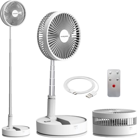 Vulpes Goods® Tech - Ventilator Staand met Afstandsbediening - Tafelventilator 4in1 - Draadloos - Oplaadbaar - Verstelbaar - Ultra Stil - 12dB - Timer - Statiefventilator - Vloerventilator - USB Ventilator - Vloerventilator - PRO Versie