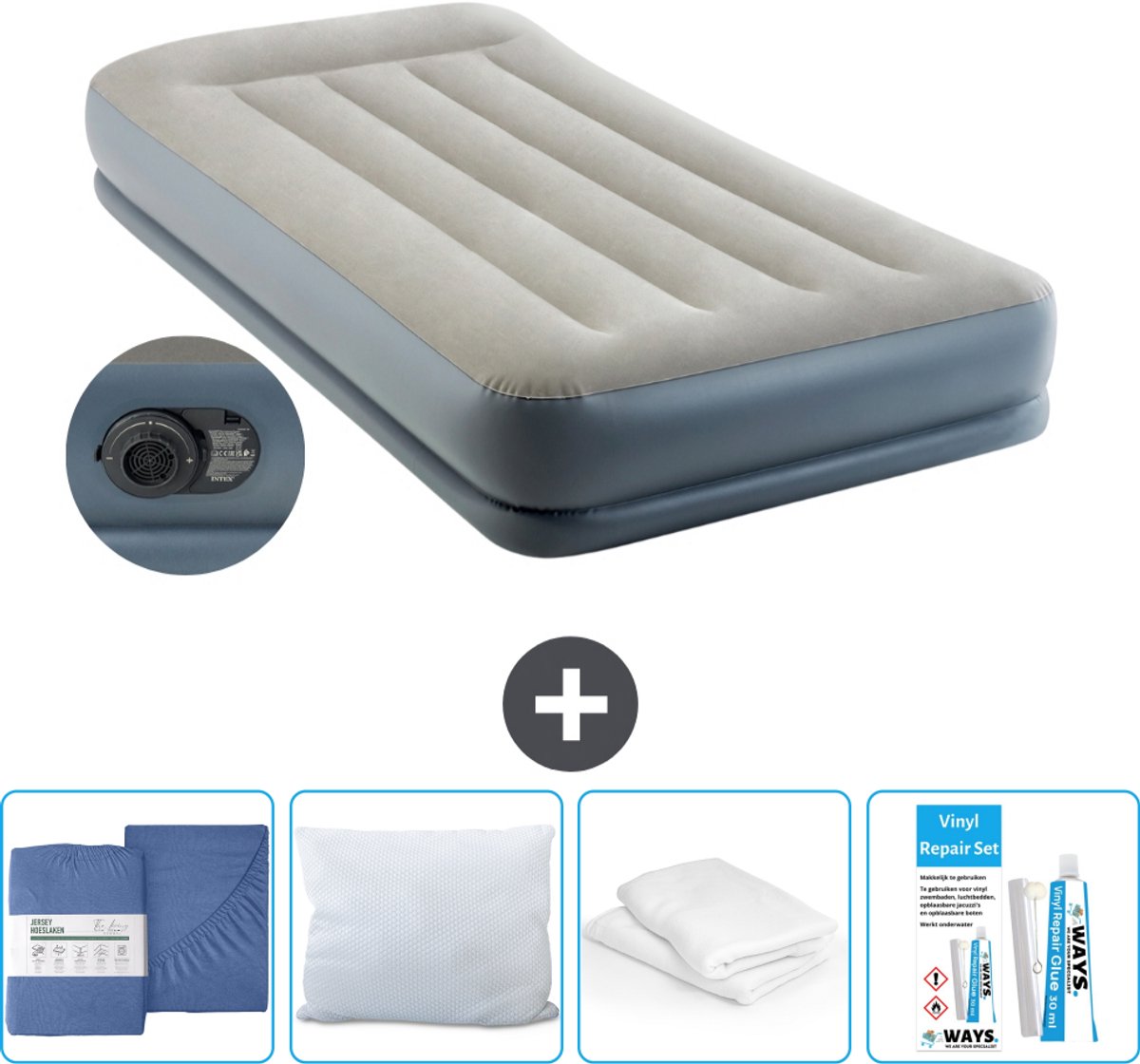 Intex Luchtbed - 1-Persoons - 99 x 191x 30 cm - Grijs - Inclusief pomp - Hoeslaken - Kussen - Reparatieset en Kussenbeschermer