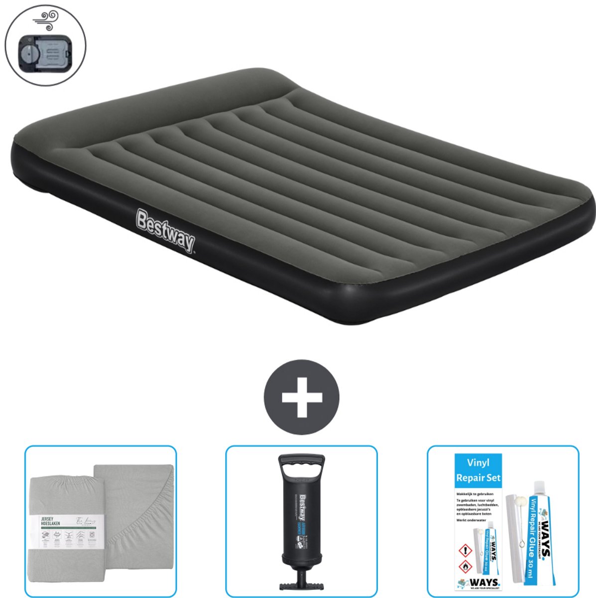 Bestway luchtbed - 2-Persoons - 152 x 203 x 30 cm - Groen - Inclusief pomp - Hoeslaken - Pomp en Reparatieset