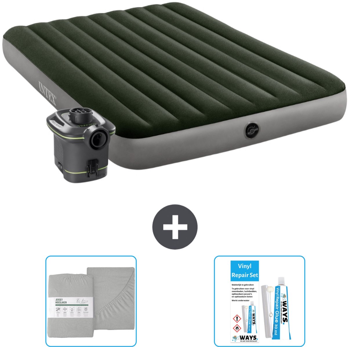 Intex Luchtbed - 2-Persoons - 152 x 203 x 25 cm - Groen - Inclusief pomp - Hoeslaken en Reparatieset