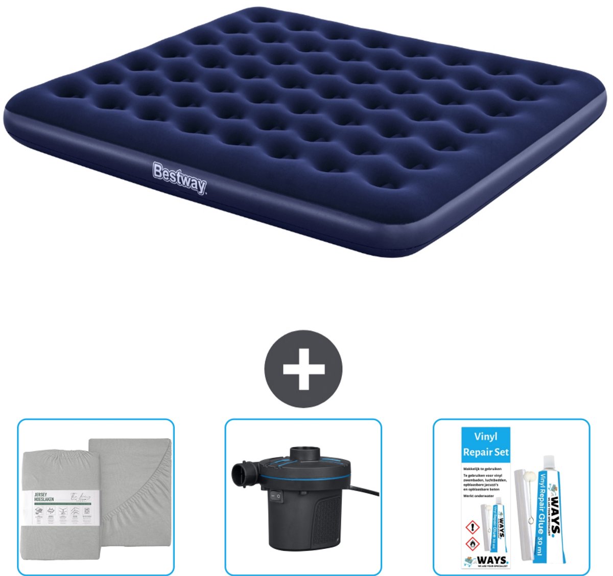 Bestway luchtbed - 2-Persoons - 183 x 203 x 22 cm - Blauw - Inclusief Hoeslaken - Pomp en Reparatieset